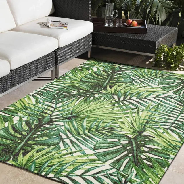 Area Rug Tropical Palm Navy Indoor Outdoor Fade Weather Resistant