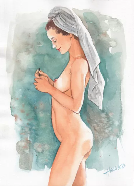 Original Aquarell A4, Akt Zeichnung, Akt, nu, nude, Women, Erotik Akt, Milamas