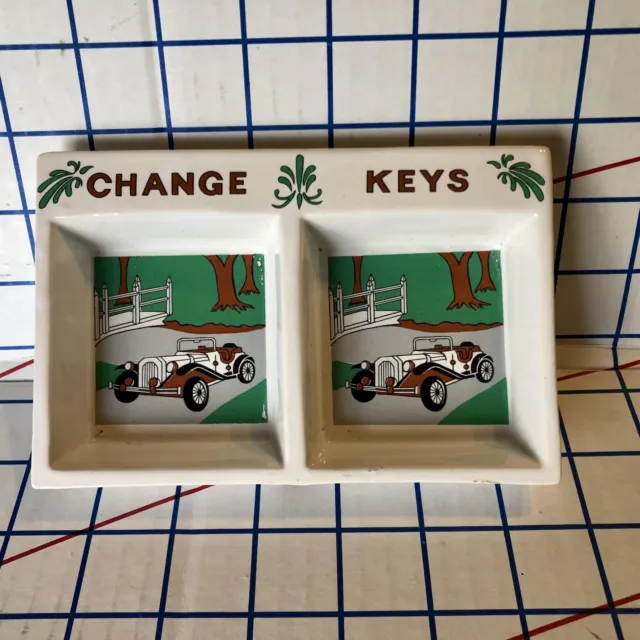 Vintage Pocket Change and Key Double Tray  Rectangle Ceramic Dish Antique Cars