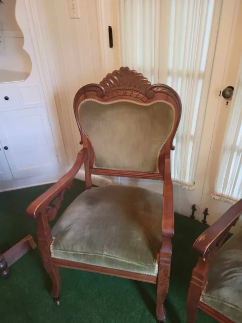 Pair of Victorian Walnut Eastlake Carved Upholstered Arm Side Chairs 2