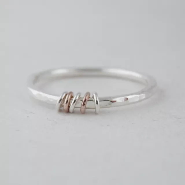 Sterling Silver 925 & Rose Gold Moving Rings Stacking Band 1.5mm Skinny Fidget