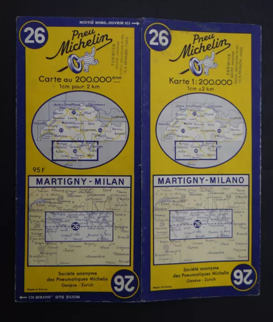 Carte MICHELIN old map n°26 MARTIGNY MILAN ITALIE 1955 Bibendum pneu tyre