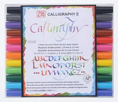 ZIG Calligraphy Marker Pens, 12 Colors set, 2mm. & 3.5mm Dual Tip Markers, AP...