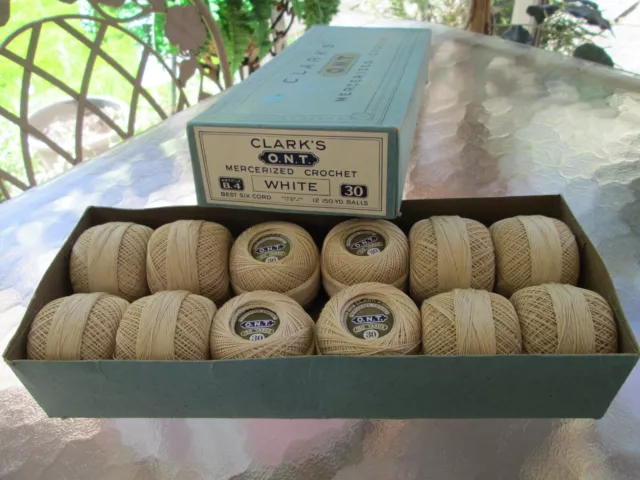 Vtg. CLARK'S O.N.T. Mercerized Crochet FULL BOX 12 Balls ea. 150Yd.  /B.4 WHITE
