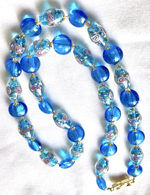 Collier Long Perles De Verre Murano Millefiori - Galets Multicolores 20 Mm - Plaqué Or - Neuf