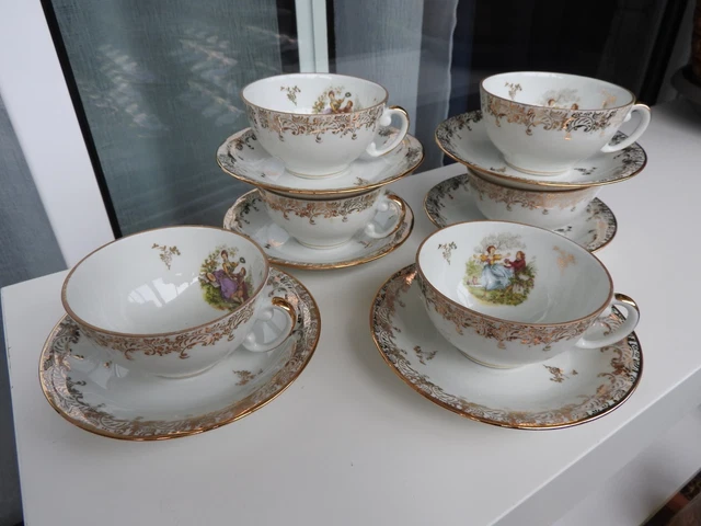 Service à Mocca Vintage Bavaria - Porcelaine Rouge à Motif Floral - Allemagne - Service à Thé Doré