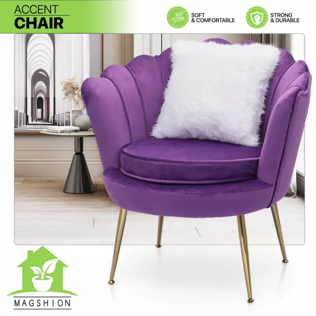 Purple Scalloped Back Relaxation Chair Velvet Upholstered Tufted Vanity Armchair