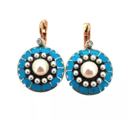FABERGE Antique Imperial RUSSIAN Enamel Earrings with natural Pearls, 56 gold