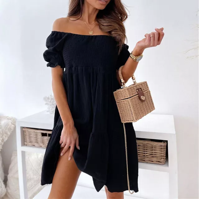 Summer Girls Off Shoulder Ruffles Short Sleeve Mini Dress Casual Swing Dress