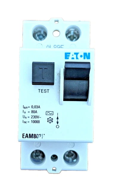 EATON RCD 80 Amp 30mA Double Pole 80A RCCB Memshield 3 Trip EAM802H £17 ...