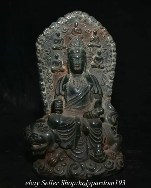 7.2" Old Chinese Green Jade Carved Wenshu Guan yin Lion Backlight Statue