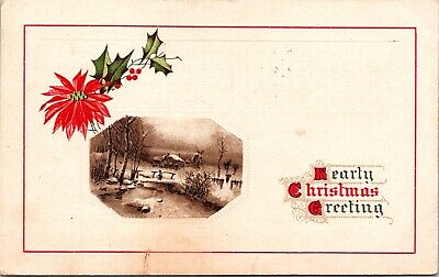 Hearty Christmas Greeting Snowy Creek Cabin Scene Poinsettia c1921 Postcard