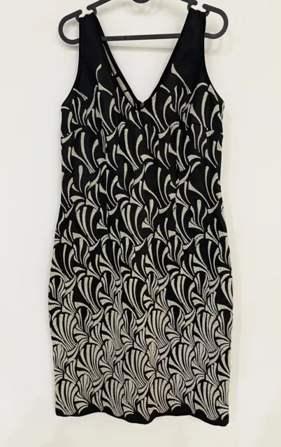 Lisa Barron Embroidered Black Cream Patterned Stretch Dress Size 12 Made In Aus