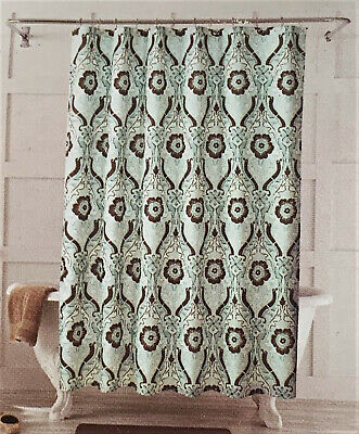 Teal Seafoam Green Blue Brown Flower Floral Damask Fabric Shower Curtain 72"x72"