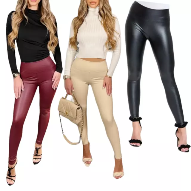 LADIES THICK PU WET LOOK HIGH WAIST LEGGINGS WOMEN FAUX LEATHER