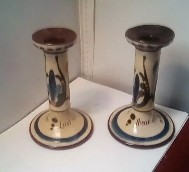 LONGPARK Pottery  TORQUAY PAIR Candle sticks 14.5 cm motto scandy