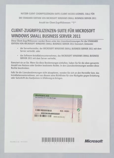 5 User / Benutzer CAL für MS Windows SBS Small Business Server 2011 Standard