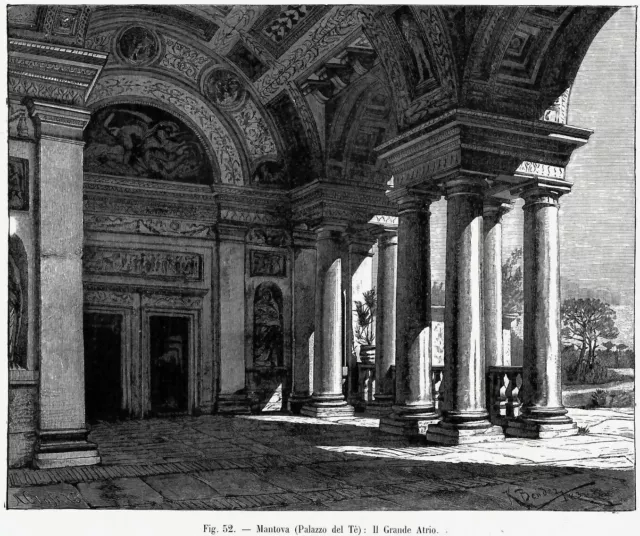 Mantova: Palazzo Te: atrio. Grande veduta. Stampa antica + passepartout. 1899