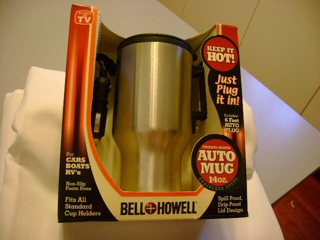 NIB Bell And Howell Stainless Steel Heated Thermal Mug Auto Travel 12 V Charger