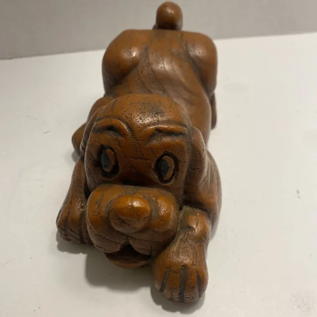 Hand Carved Wooden Puppy Laying Down 7.5"x3.75"x2.75" Unusual Find