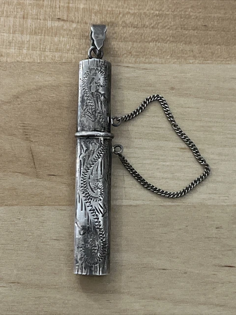 Vtg Sterling Silver Sewing Needle Toothpick Holder Case w/chain & Pendant loop-T
