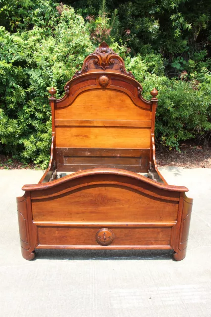Fancy Walnut Victorian Carved Rococo High Back Bed with Large Shell Carved Crown