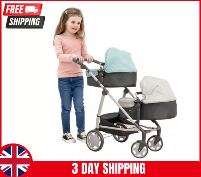 Deluxe Twin Dolls Pram Kids Girl's Play Toy Doll Pushchair Buggy Stroller NEW