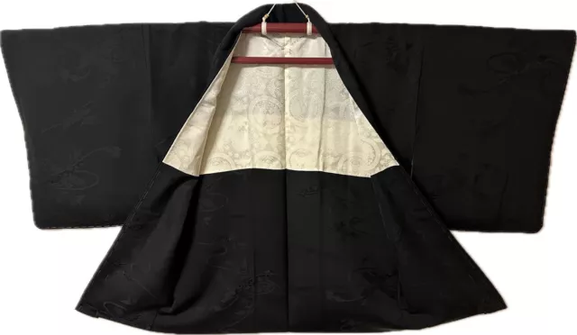 Vintage Japanese Silk Haori Kimono Jacket, Black, White Inner, Beautiful Design