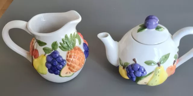Vintage Rayware Ceramic Teapot & Jug White With Multi Fruit Raised Pattern