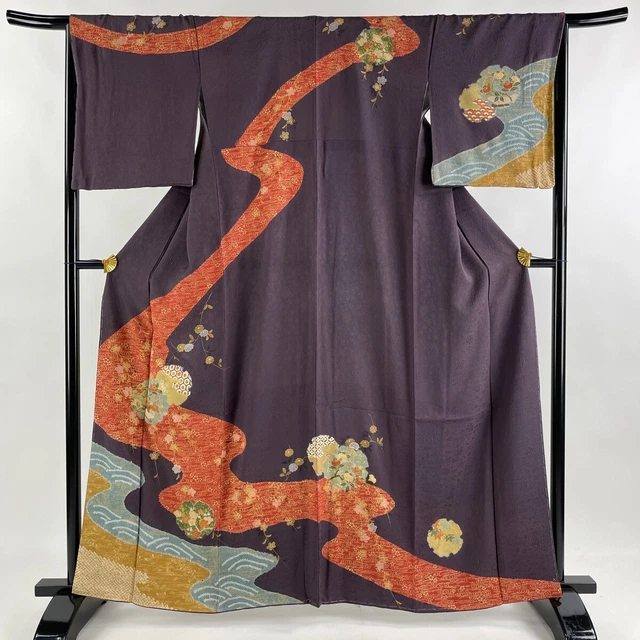 Japanese Kimono Silk Houmongi Vintage Gold Snowflakes Flower Aperture Purple 63"