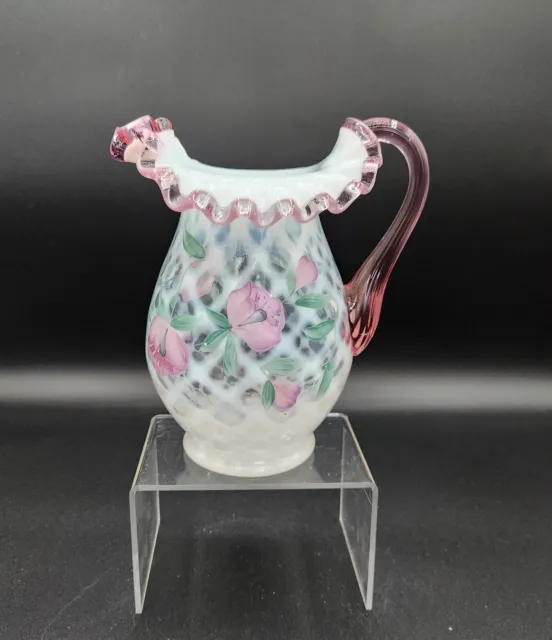 Fenton Glass White Opalescent Diamond Trellis Pink Crest HP Floral Pitcher SIGND