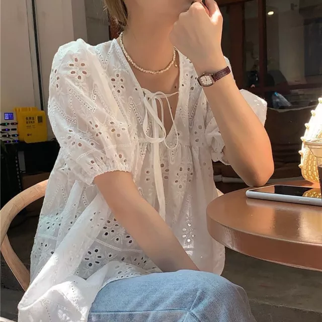 All-match Hollowed-out Lace Shirt French Style Short-sleeved Shirt  Women Girls