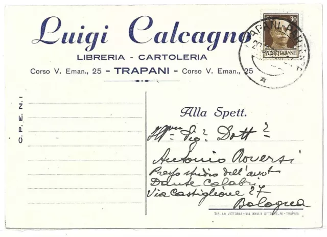 TRAPANI (014) - TRAPANI, LUIGI CALCAGNO Libreria Cartoleria - FG/Vg 1936