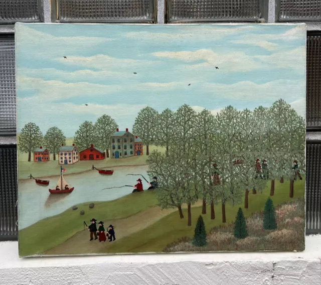 Naive American Folk Art Acrylic on Canvas Landscape Painting Colonial Style AAFA