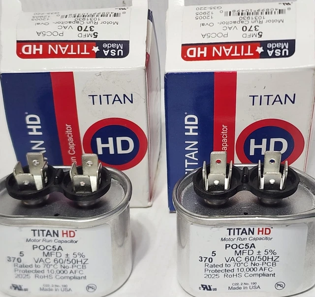 2x TitanHD POC5A HVAC Oval Motor Run Capacitor. 5 MFD/UF 370 Volts - NEW
