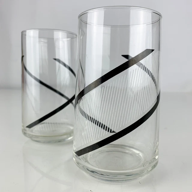 VINTAGE MID CENTURY Modern Black White Swirl Glass Tumbler set of 2 Bar