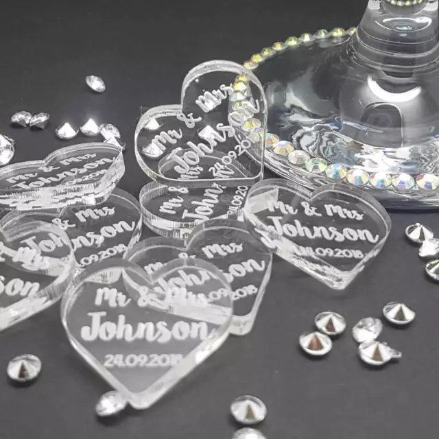 Personalised Mr & Mrs Acrylic Heart Wedding Table Decorations - Scatter Favours.