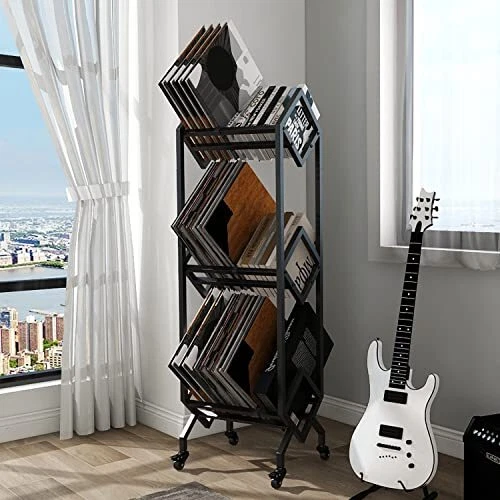 3 Tier Vinyl Record Storage Rack Mobile Black Metal LP Storage Display Stand wi