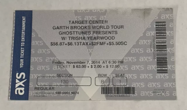 11/7/14 Garth Brooks Trisha Yearwood AXS Concert Music Ticket Stub Target Center