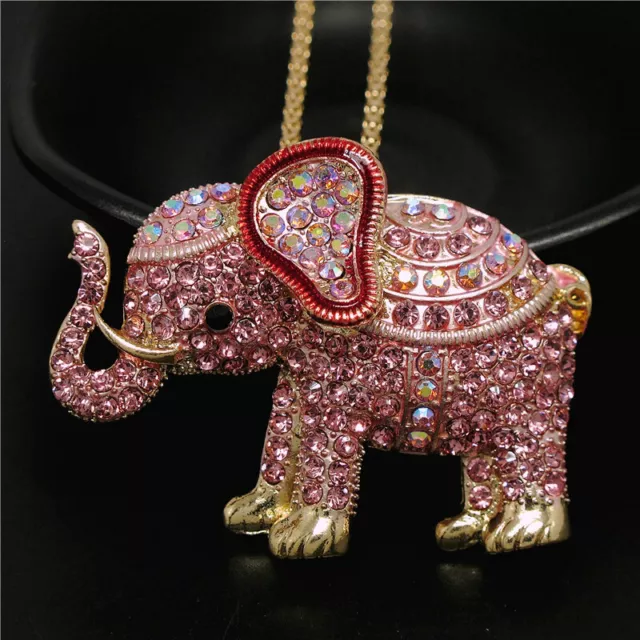 Fashion Women Rhinestone Cute Pink Thai Elephant Crystal Pendant Necklace