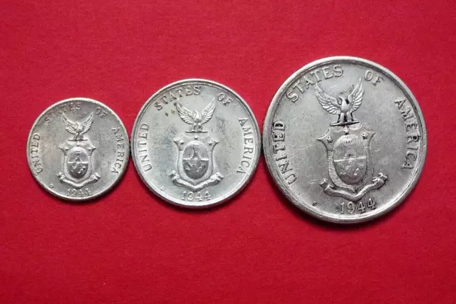 1944-D + S Philippine 10-20-50 Centavos Silver Coins XF Cond. WWII Coinage.