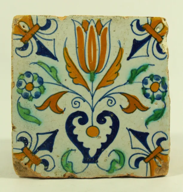 = Antique 17th / 18th Cen. Glazed Terracotta Tile, Polychrome, French