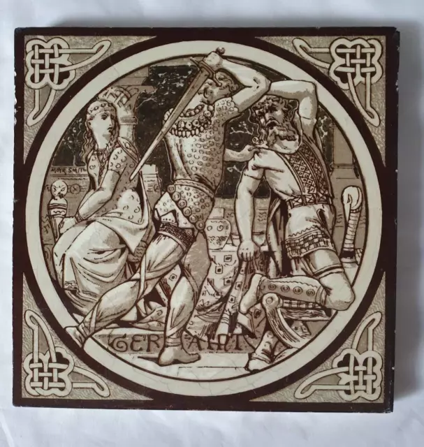 Stunning Minton Moyr-Smith Figurative Design 6 Inch 19Th Century Tile Geraint