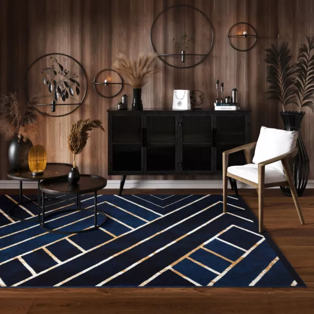 Navy Blue Geometric Area Rug Art Deco Carpet Mat for Living Room Bedroom Hallway