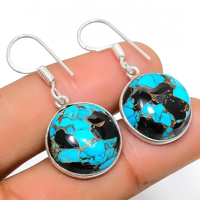 Copper Blue Turquoise Gemstone 925 Sterling Silver Jewelry Earring 1.42" Q235