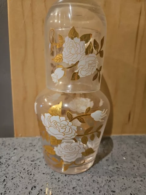 Rose  White And Gold Glass Carafe Set for Bedside Table, Nightstand for water