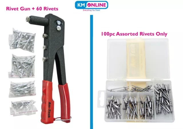 Pop Rivet Riveter Gun with 60 Rivets and Nozzles OR 100pc Assorted Rivets Amtech