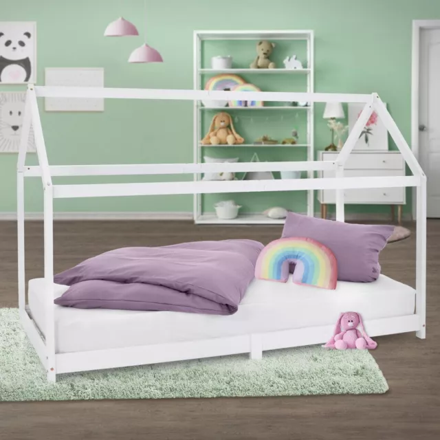 Cama infantil con techo y somier estructura madera pino blanca cuna 200x90 cm