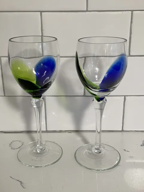 VTG-Set of 2- Turda Cobalt Blue & Green Wine Glasses Romania Hand Blown