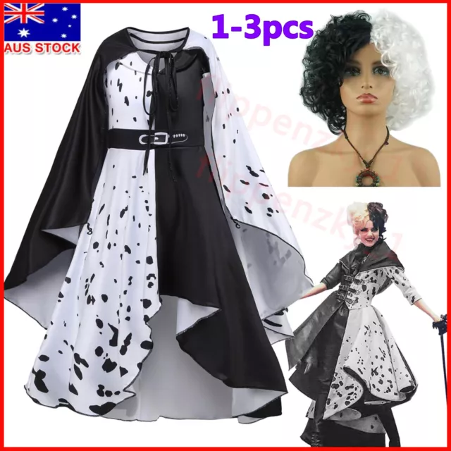 Girls Kids Cruella de Vil Costume Fancy Dress Wig Halloween Cosplay Party Outfit